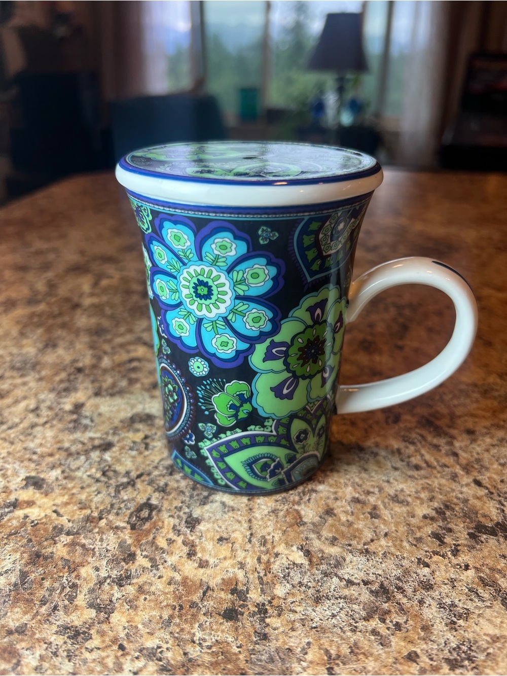 Vera Bradley Blue and Green Floral Ceramic Mug with Lid